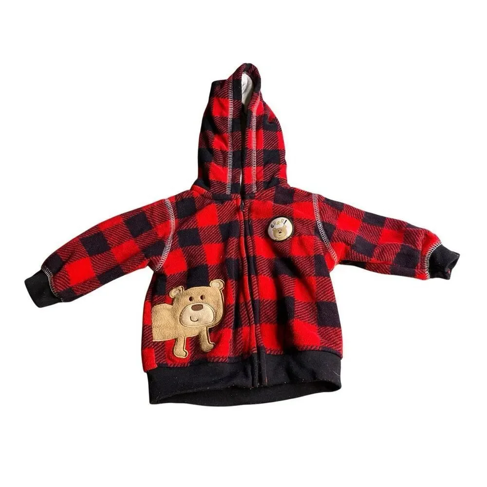 Carter’s Buffalo Plaid Bear Fleece Zip Hoodie Jacket Red Black 3 Months Baby